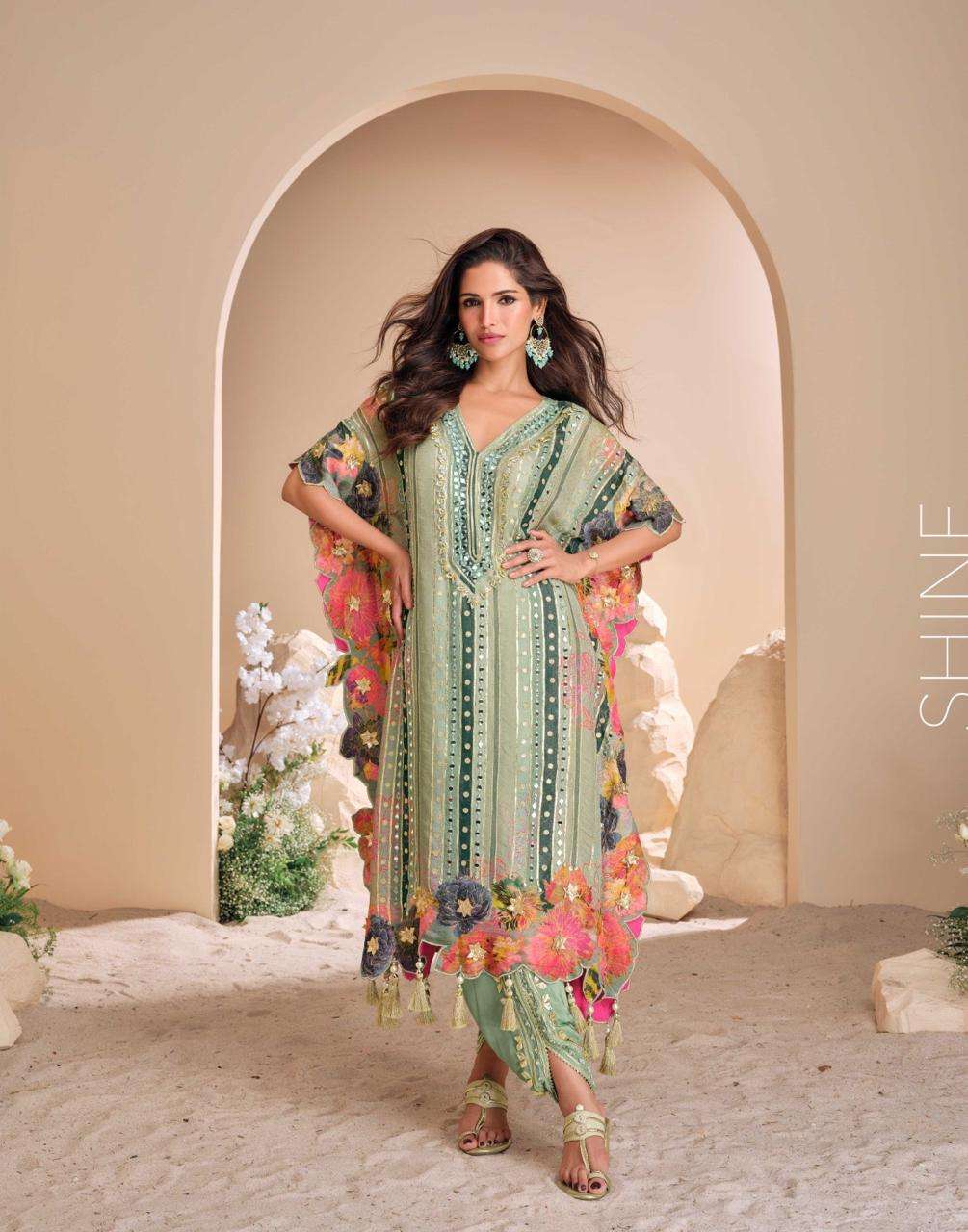 INDIAN DESIGNER FANCY WEDDING PARTY WEAR VISCOSE SILK GREEN SHARARA PALLAZO SALWAR SUIT SY JHOOMAR 5704