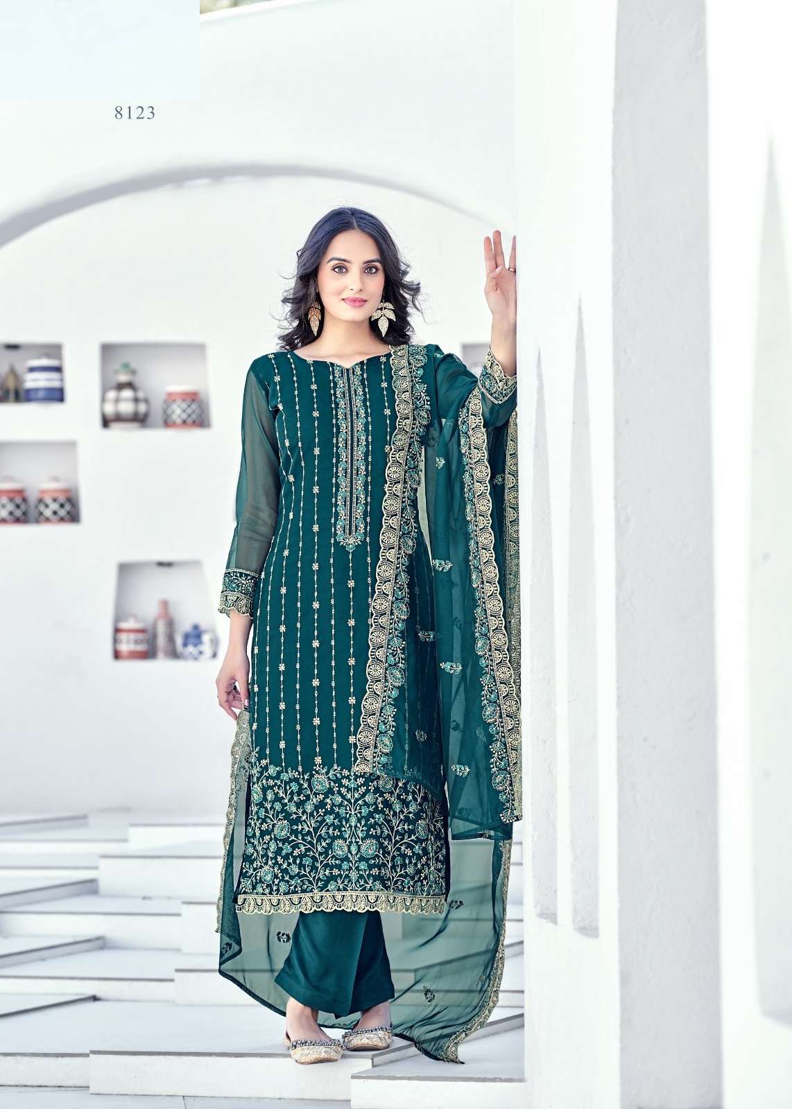 INDIAN PAKISTANI DESIGNER PARTY WEAR ORGANZA BLUE SALWAR SUIT NEW COLLECTION NVN BELA ERYA 8123