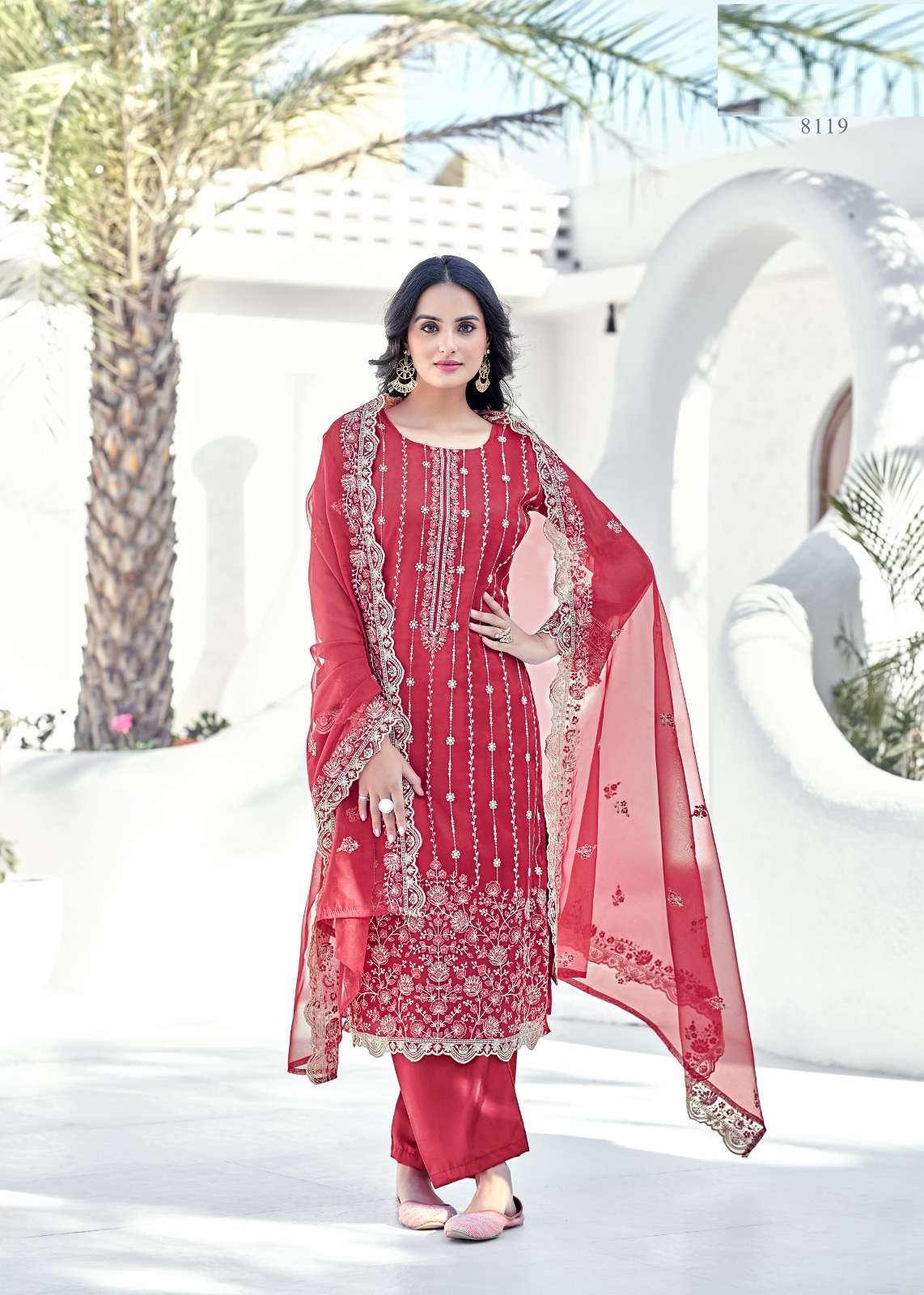 INDIAN PAKISTANI DESIGNER PARTY WEAR ORGANZA RED SALWAR SUIT NEW COLLECTION NVN BELA ERYA 8119