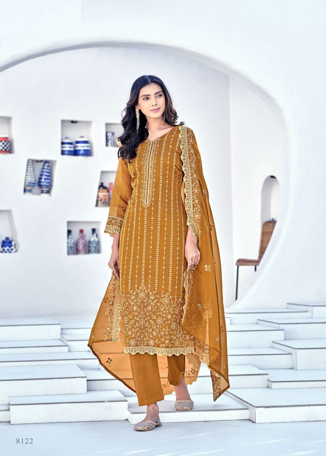 INDIAN PAKISTANI DESIGNER PARTY WEAR ORGANZA YELLOW SALWAR SUIT NEW COLLECTION NVN BELA ERYA 8122