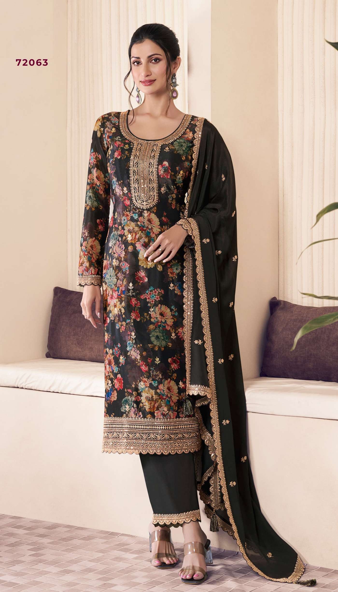 INDIAN PAKISTANI DESIGNER PARTY WEAR PRINTED BLACK CHINON SALWAR SUIT NEW COLLECTION NVN VNY PAHAL 72063