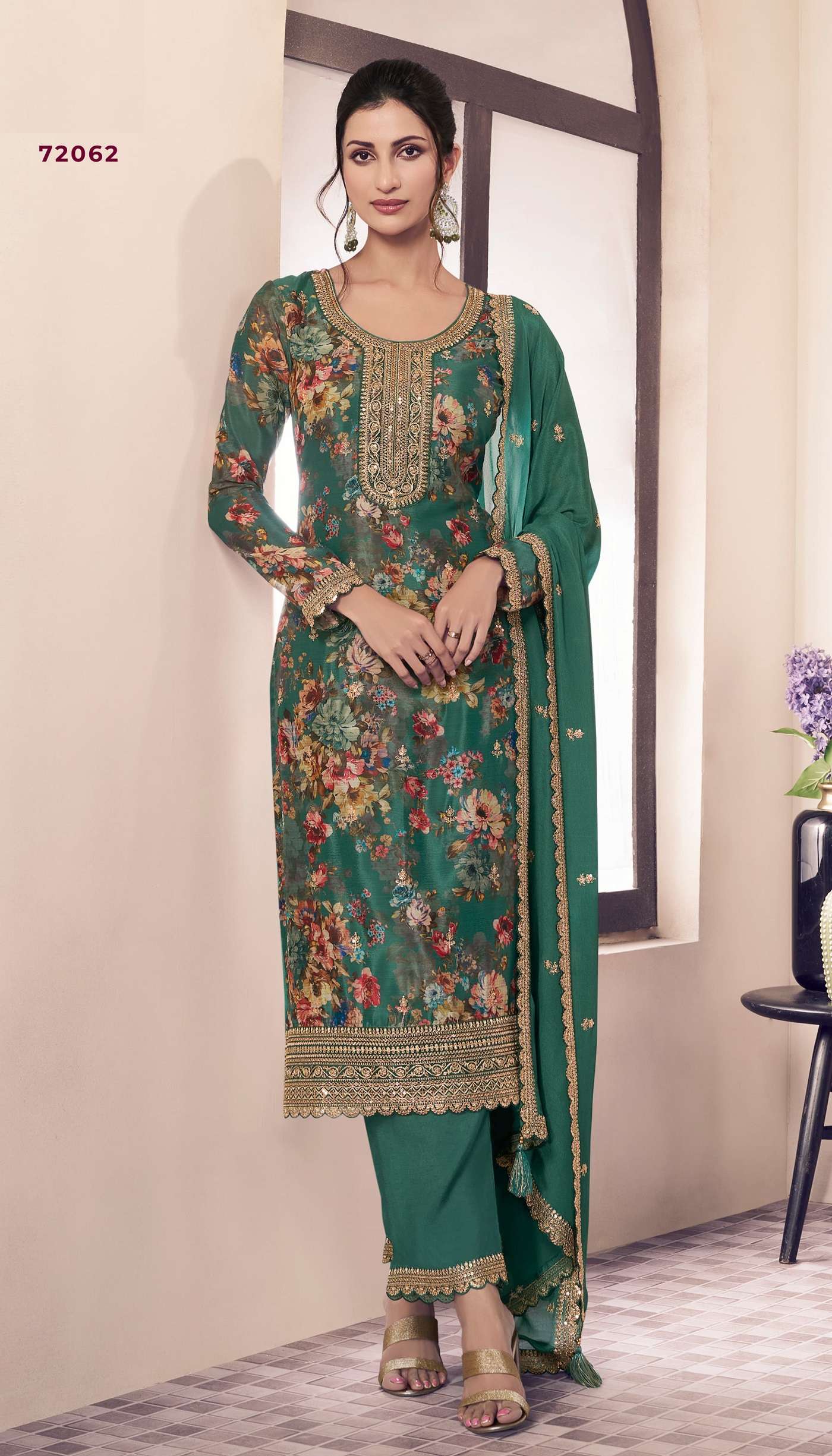 INDIAN PAKISTANI DESIGNER PARTY WEAR PRINTED GREEN CHINON SALWAR SUIT NEW COLLECTION NVN VNY PAHAL 72062