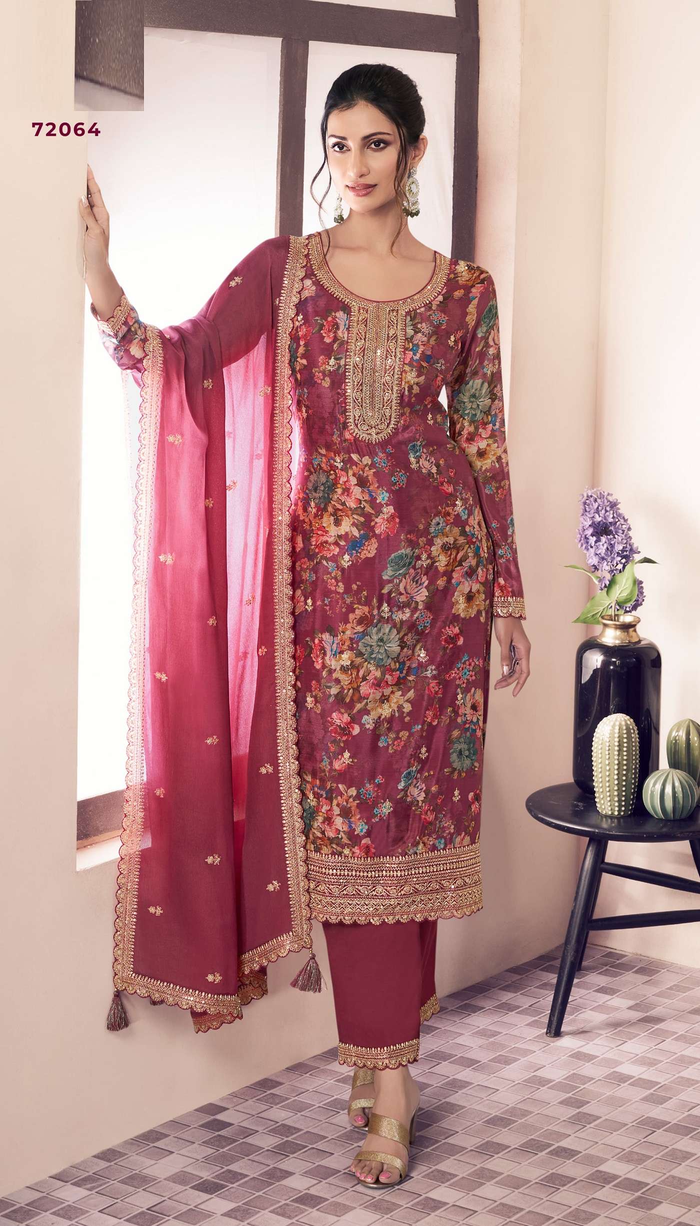 INDIAN PAKISTANI DESIGNER PARTY WEAR PRINTED RED CHINON SALWAR SUIT NEW COLLECTION NVN VNY PAHAL 72064