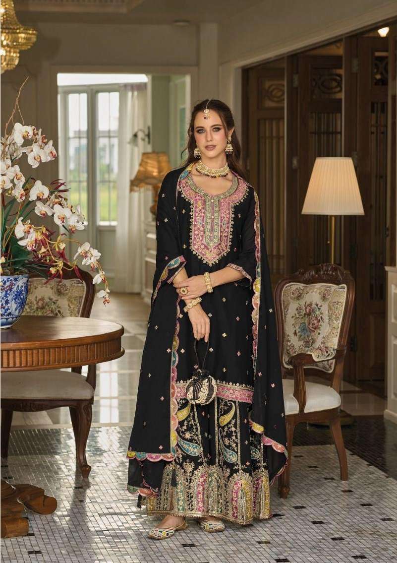 INDIAN PUNJABI DESIGNER PARTY WEAR BLACK CHINON SALWAR SUIT NEW COLLECTION DST EBA SAFROON 1676