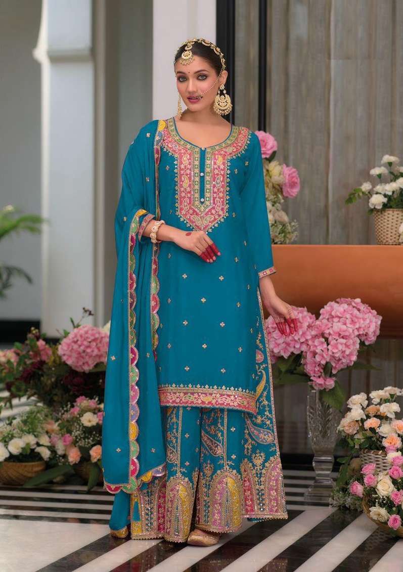 INDIAN PUNJABI DESIGNER PARTY WEAR BLUE CHINON SALWAR SUIT NEW COLLECTION DST EBA SAFROON 1702E