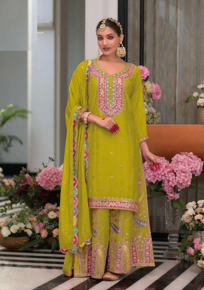 INDIAN PUNJABI DESIGNER PARTY WEAR GREEN CHINON SALWAR SUIT NEW COLLECTION DST EBA SAFROON 1702 C