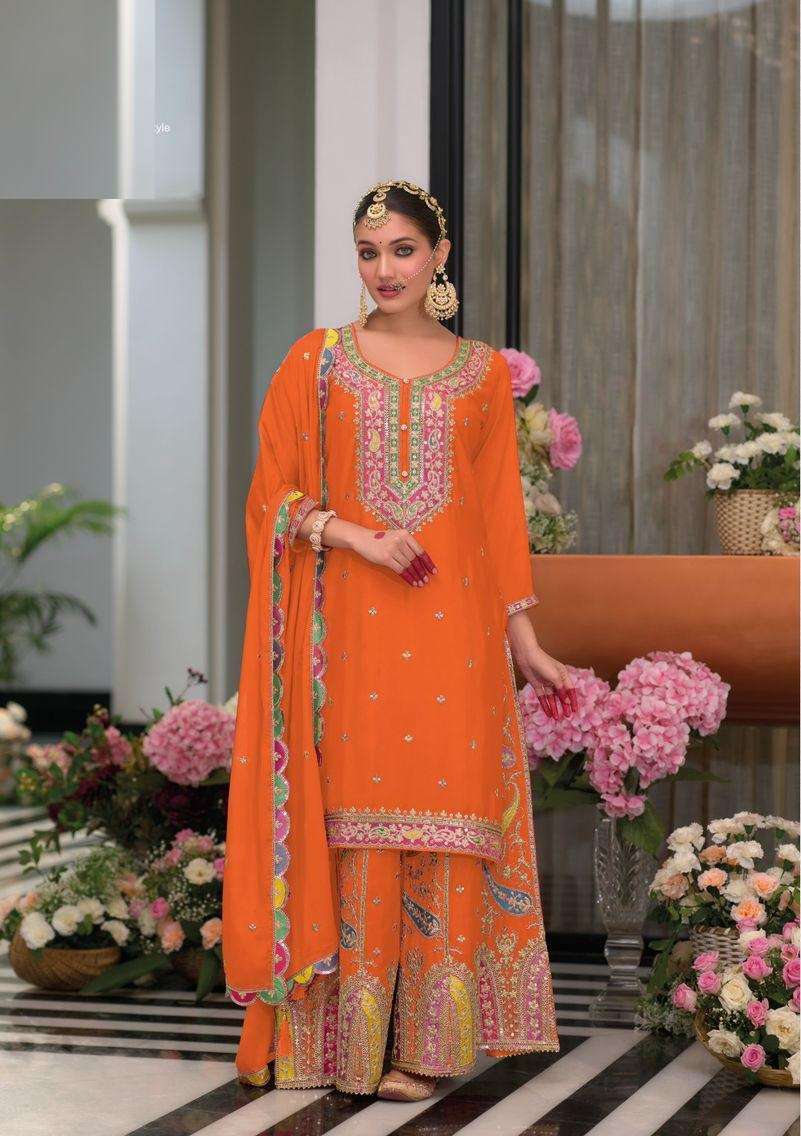 INDIAN PUNJABI DESIGNER PARTY WEAR ORANGE CHINON SALWAR SUIT NEW COLLECTION DST EBA SAFROON 1702 A