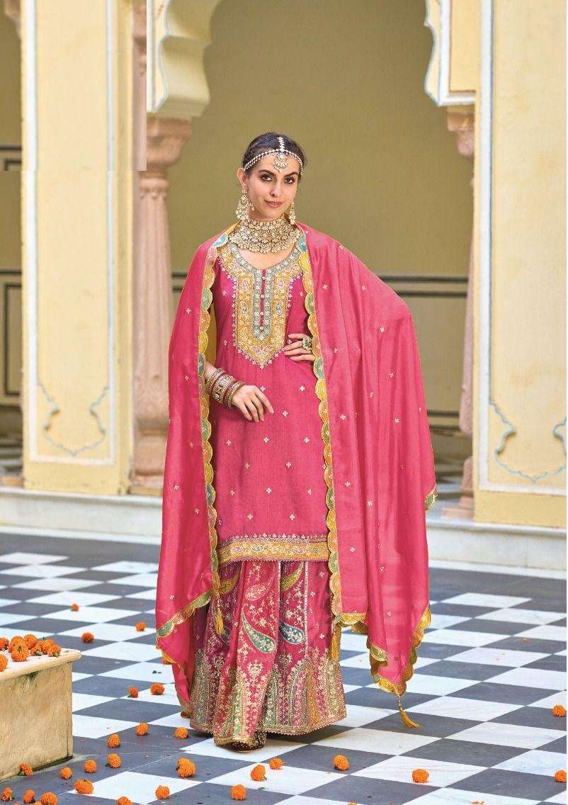 INDIAN PUNJABI DESIGNER PARTY WEAR PINK CHINON SALWAR SUIT NEW COLLECTION DST EBA SAFROON 1624 A