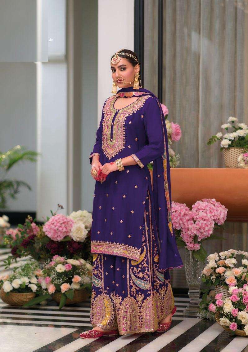 INDIAN PUNJABI DESIGNER PARTY WEAR PURPLE CHINON SALWAR SUIT NEW COLLECTION DST EBA SAFROON 1702 B