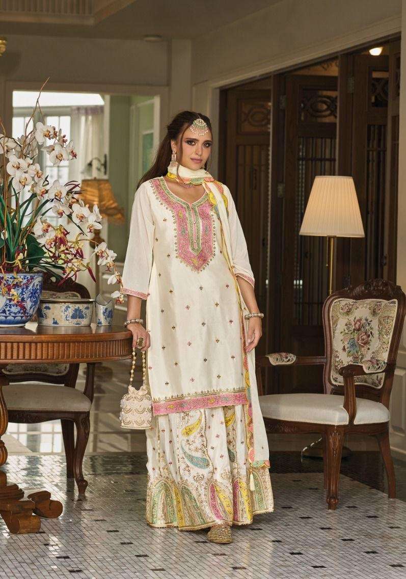 INDIAN PUNJABI DESIGNER PARTY WEAR WHITE CHINON SALWAR SUIT NEW COLLECTION DST EBA SAFROON 1677