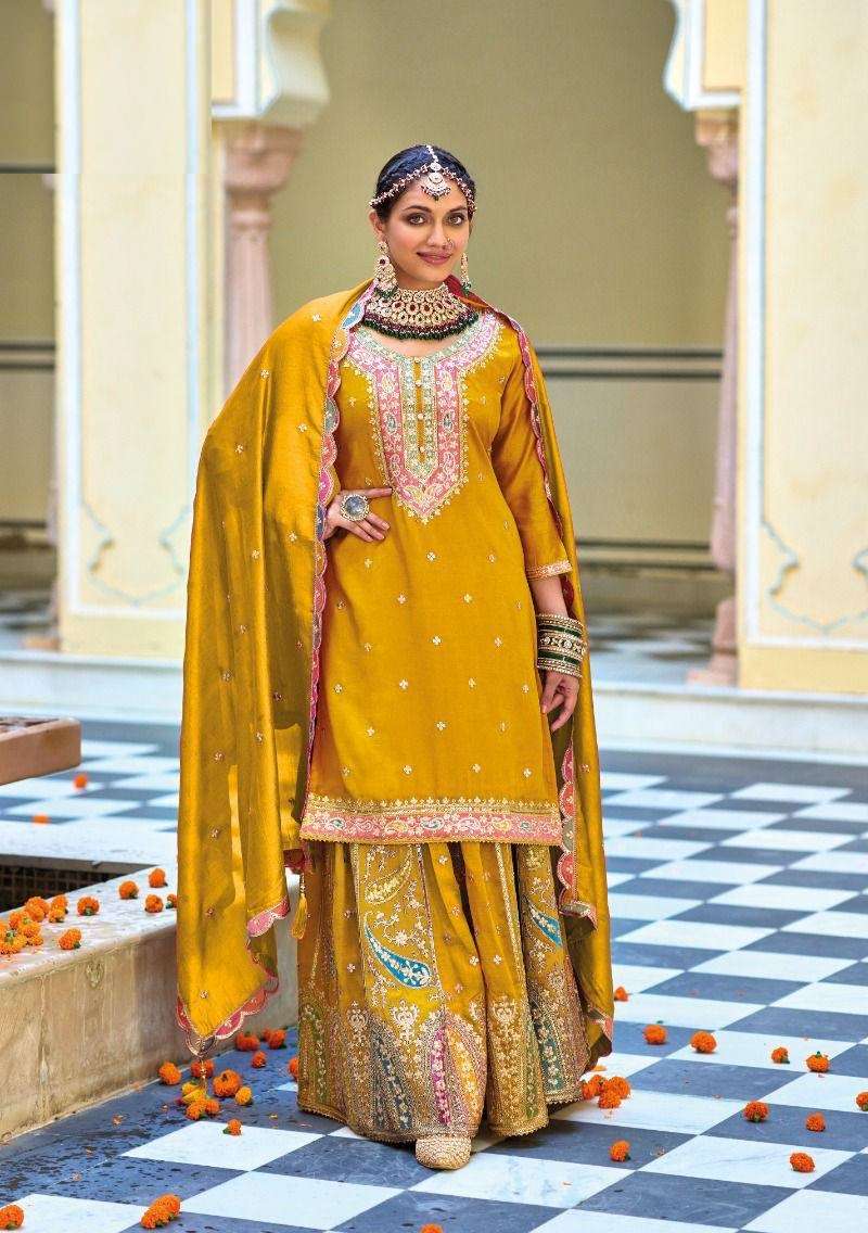 INDIAN PUNJABI DESIGNER PARTY WEAR YELLOW CHINON SALWAR SUIT NEW COLLECTION DST EBA SAFROON 1624 B