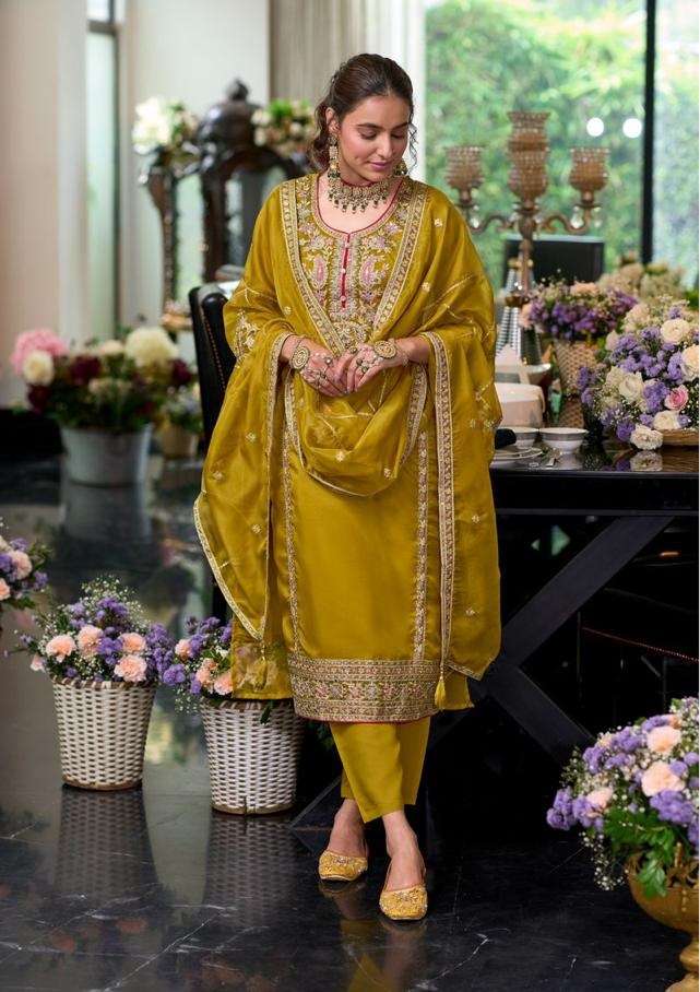 INDIAN PUNJABI DESIGNER PARTY WEAR YELLOW ORGANZA SALWAR SUIT NEW COLLECTION DST EBA MOON 1395