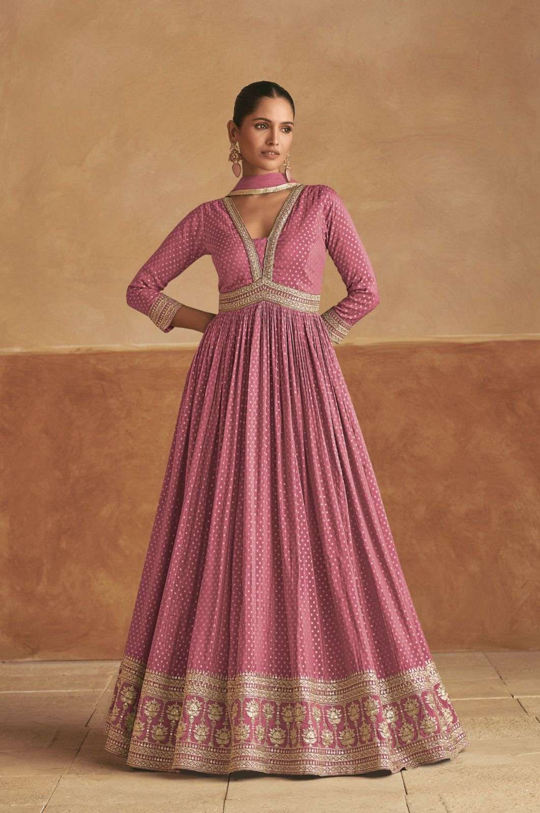 LATEST DESIGNER PINK SILK ANARKALI GOWN FOR WEDDING PARTY WEAR SALWAR SUIT LONG GOWN GL ROOPAL 7519 C