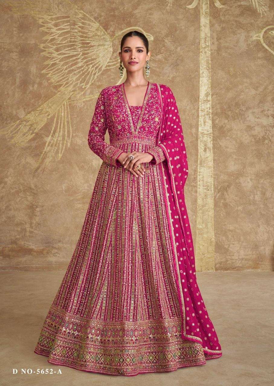 LATEST DESIGNER REAL GEORGETTE PINK ANARKALI GOWN FOR WEDDING PARTY WEAR SALWAR SUIT LONG GOWN SY ROYAL GOLD 5652 A