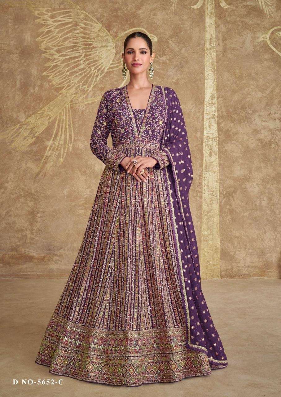 LATEST DESIGNER REAL GEORGETTE PURPLE ANARKALI GOWN FOR WEDDING PARTY WEAR SALWAR SUIT LONG GOWN SY ROYAL GOLD 5652 C