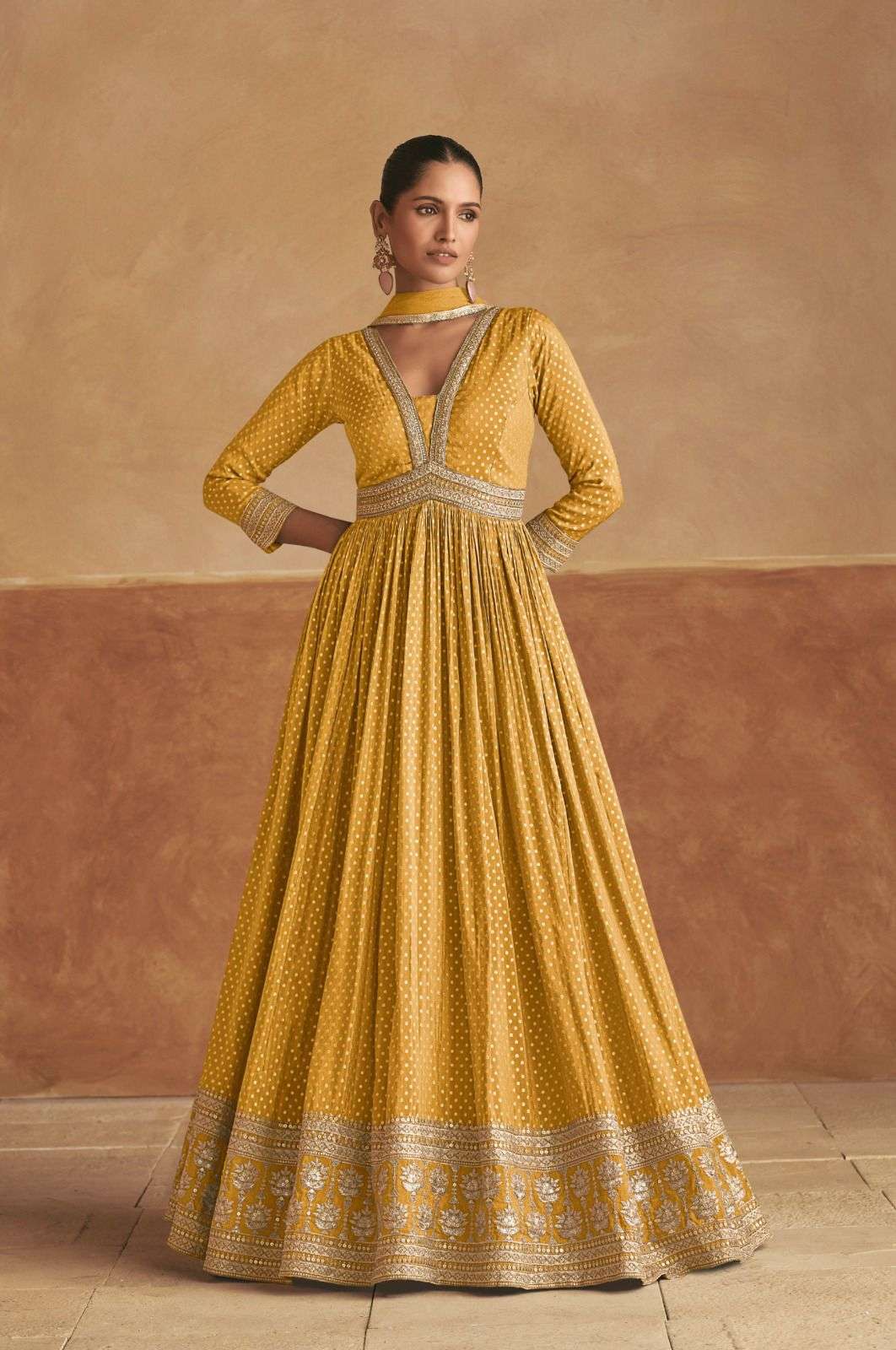 LATEST DESIGNER YELLOW SILK ANARKALI GOWN FOR WEDDING PARTY WEAR SALWAR SUIT LONG GOWN GL ROOPAL 7519 B