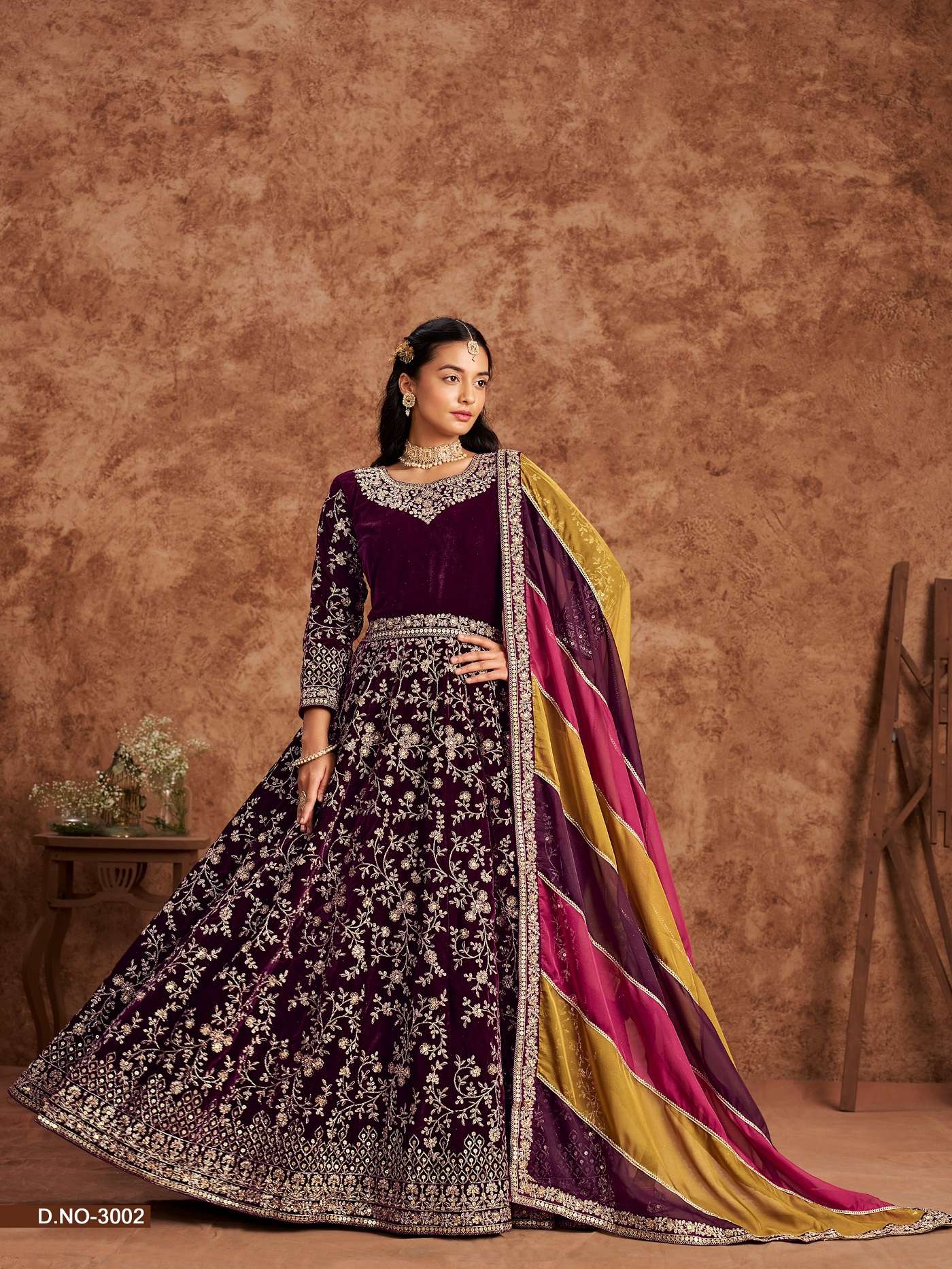 DESIGNER BRIDAL WEDDING PARTY WEAR HEAVY VELVET WINE ANARKALI SALWAR SUIT GOWN ANY 3002