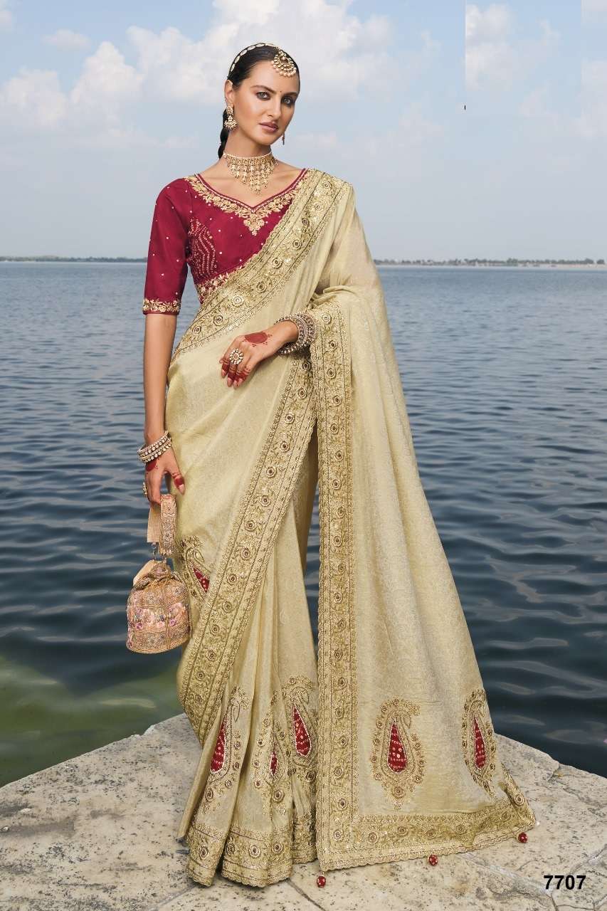 DESIGNER BRIDAL WEDDING WEAR HEAVY BEIGE SILK SAREE COLLECTON SM MN 7707