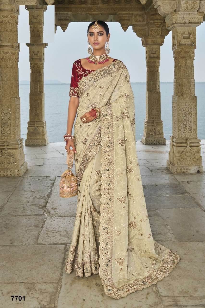 DESIGNER BRIDAL WEDDING WEAR HEAVY CHIKU SILK SAREE COLLECTON SM MN 7701