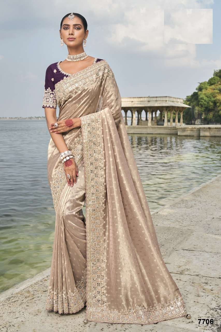 DESIGNER BRIDAL WEDDING WEAR HEAVY CHIKU SILK SAREE COLLECTON SM MN 7706