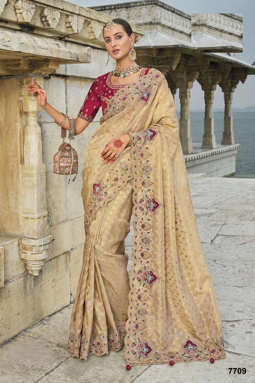 DESIGNER BRIDAL WEDDING WEAR HEAVY CHIKU SILK SAREE COLLECTON SM MN 7709