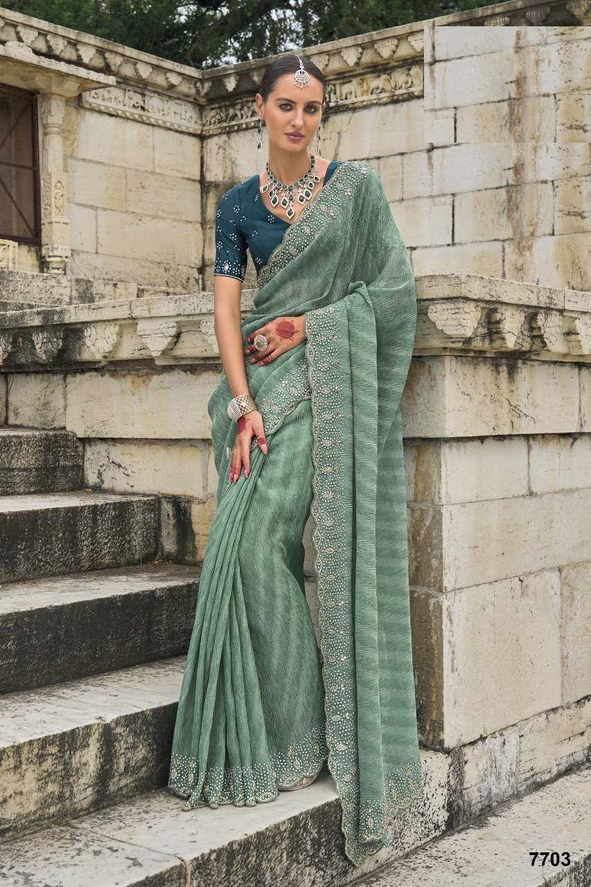 DESIGNER BRIDAL WEDDING WEAR HEAVY GREEN SILK SAREE COLLECTON SM MN 7703