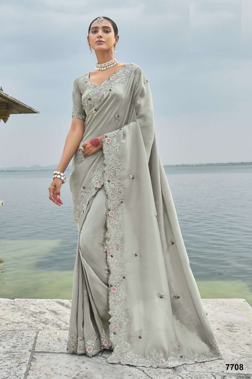 DESIGNER BRIDAL WEDDING WEAR HEAVY GREY SILK SAREE COLLECTON SM MN 7708