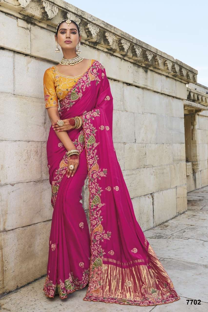 DESIGNER BRIDAL WEDDING WEAR HEAVY RANI SILK SAREE COLLECTON SM MN 7702