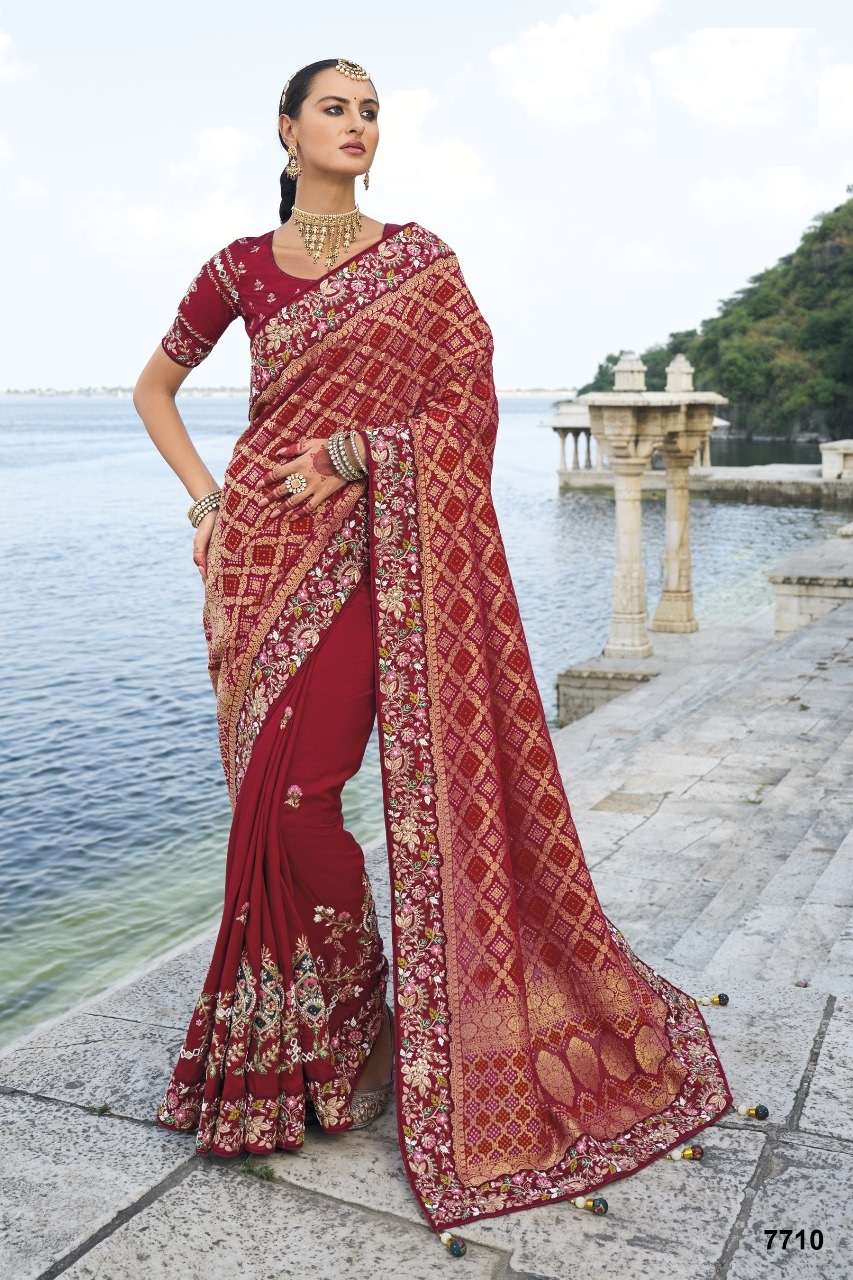 DESIGNER BRIDAL WEDDING WEAR HEAVY RED SILK SAREE COLLECTON SM MN 7710