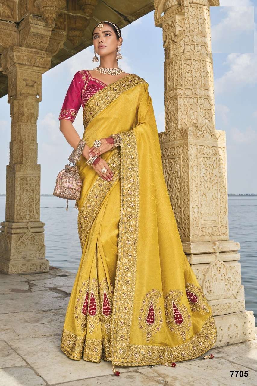 DESIGNER BRIDAL WEDDING WEAR HEAVY YELLOW SILK SAREE COLLECTON SM MN 7705