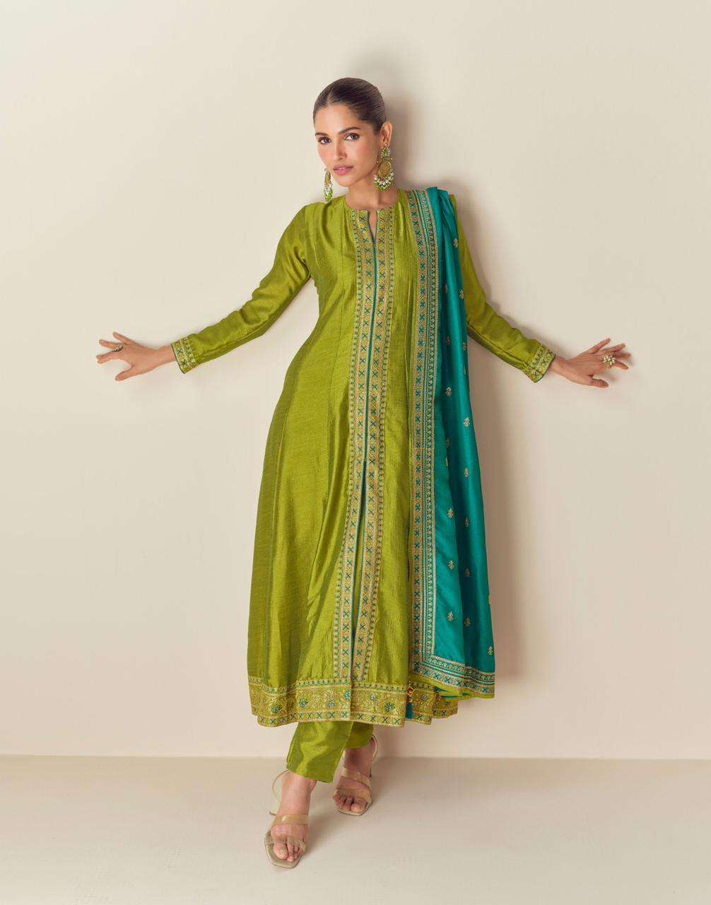 DESIGNER FANCY GREEN LONG SILK SALWAR SUIT NEW COLLECTION AF AZARA 10189