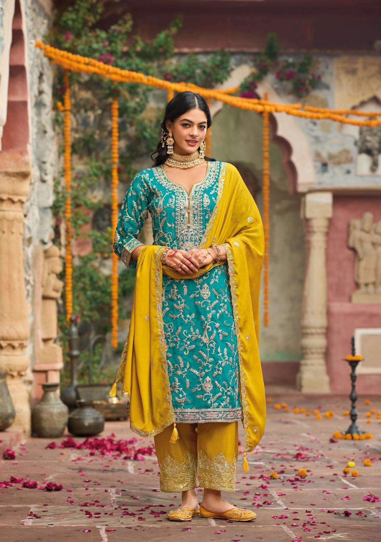 DESIGNER FANCY REAL CHINON BLUE YELLOW SHARARA PALAZZO SALWAR SUIT NEW COLLECTION DST EB SANGIT 1788