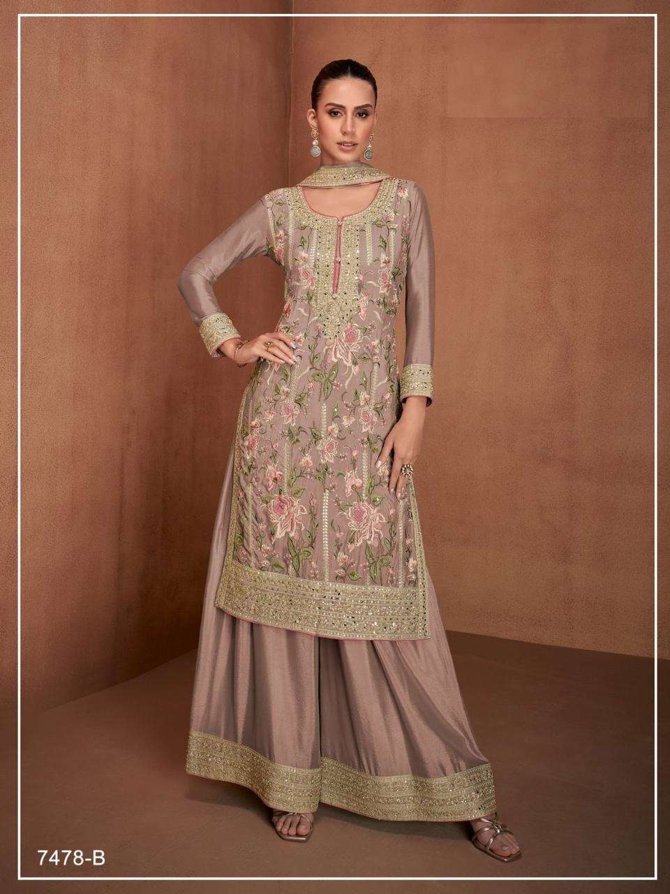 DESIGNER FANCY REAL CHINON DEEP PINK SHARARA PALAZZO SALWAR SUIT NEW COLLECTION JG 7478 B