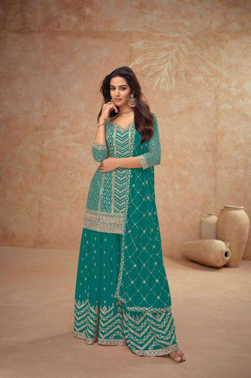 DESIGNER FANCY REAL CHINON GREEN BLUE SHARARA PALAZZO SALWAR SUIT NEW COLLECTION GL PALAK 7518 M