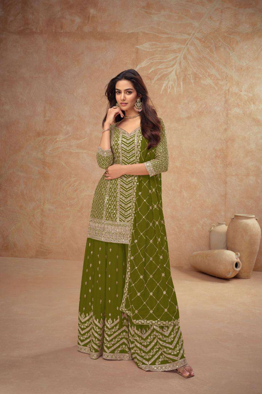 DESIGNER FANCY REAL CHINON GREEN SHARARA PALAZZO SALWAR SUIT NEW COLLECTION GL PALAK 7518 J