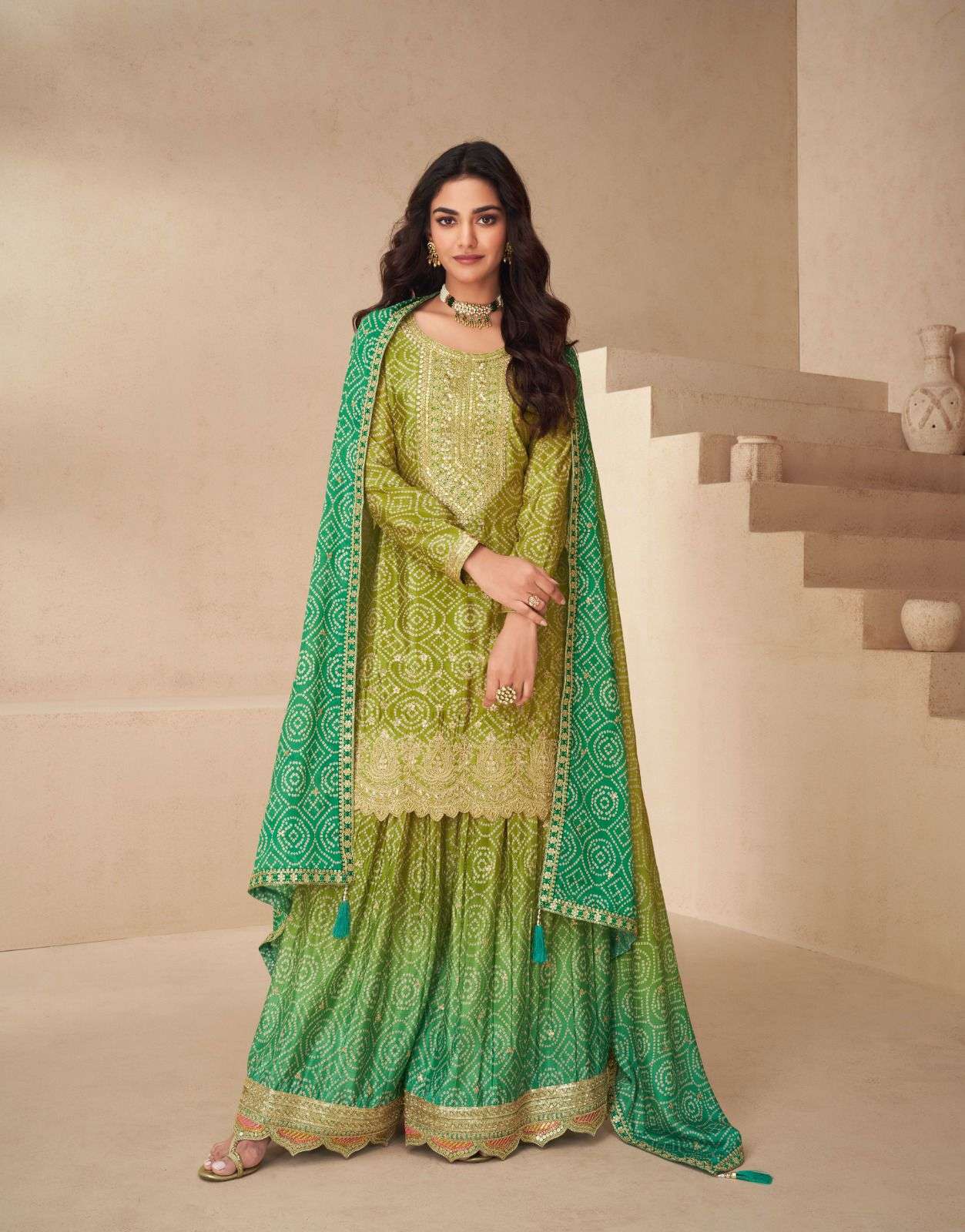 DESIGNER FANCY REAL CHINON GREEN SHARARA PALAZZO SALWAR SUIT NEW COLLECTION AF NETRA 10169