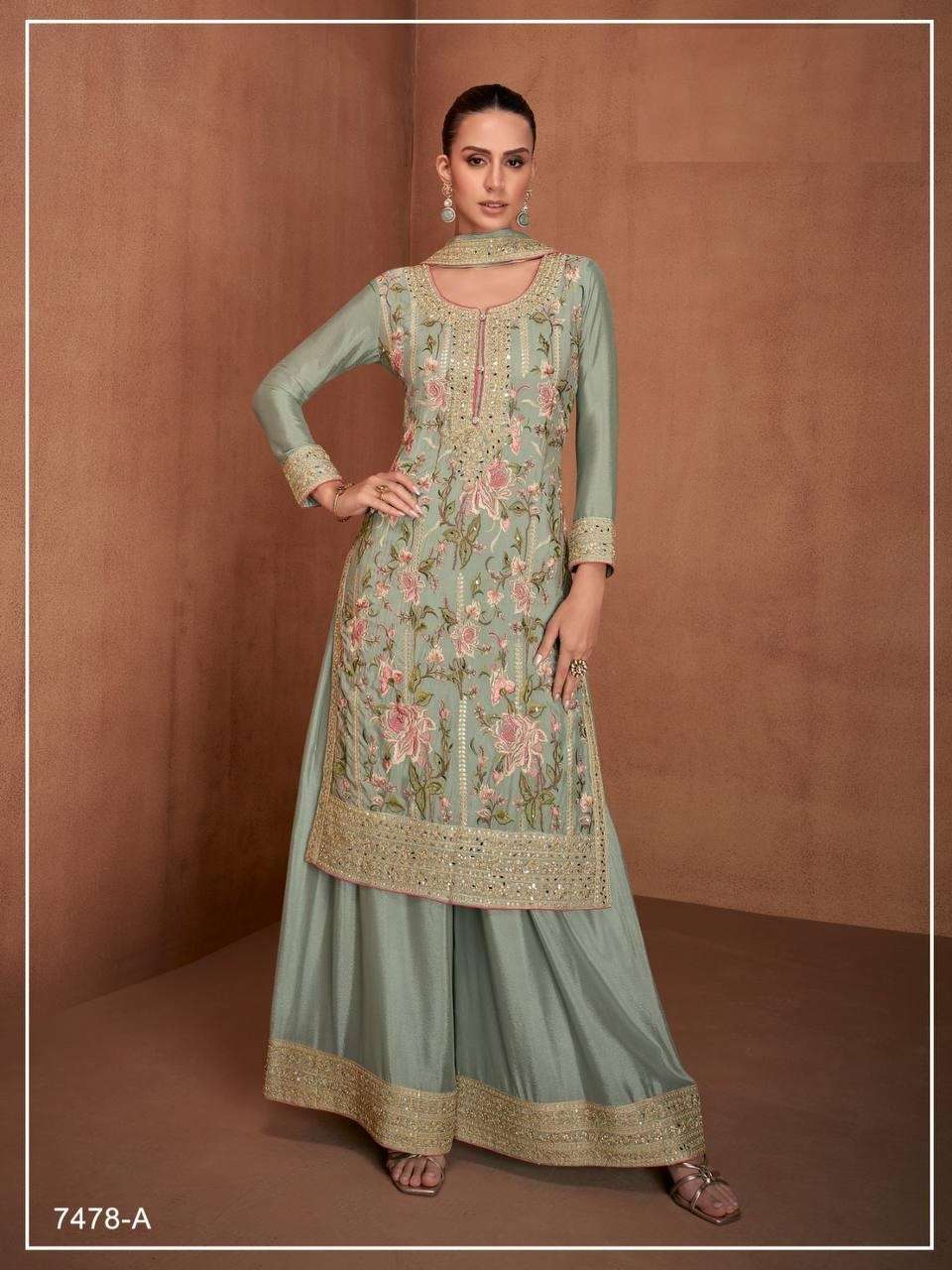 DESIGNER FANCY REAL CHINON GREEN SHARARA PALAZZO SALWAR SUIT NEW COLLECTION JG 7478 A