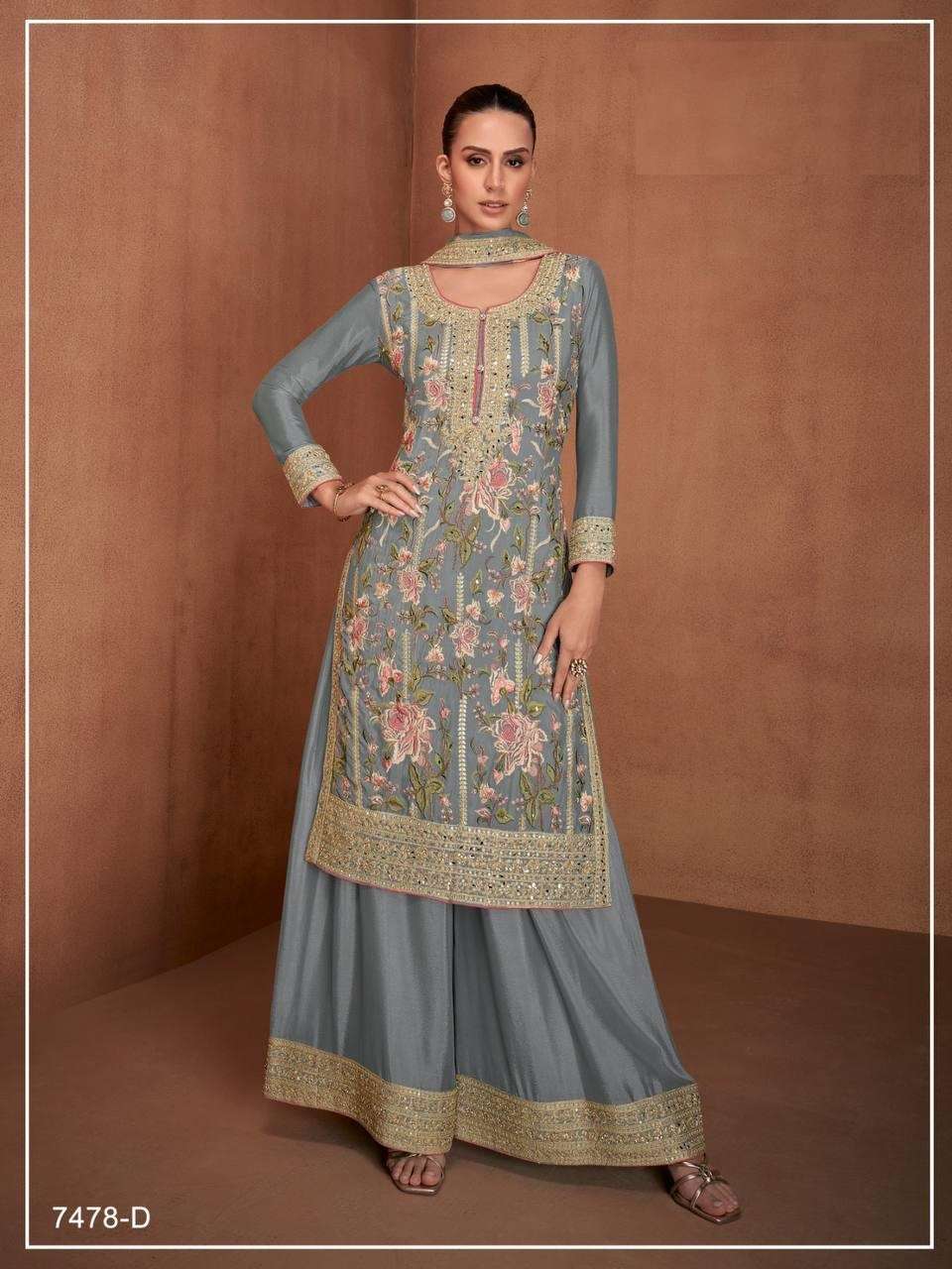 DESIGNER FANCY REAL CHINON GREY SHARARA PALAZZO SALWAR SUIT NEW COLLECTION JG 7478 D