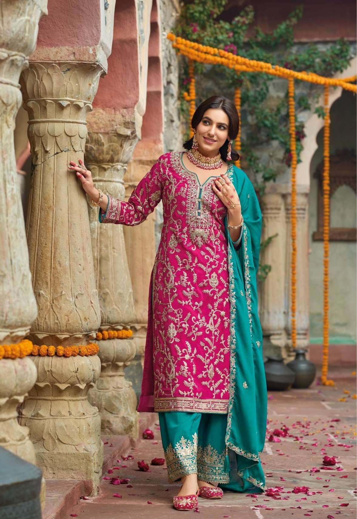 DESIGNER FANCY REAL CHINON PINK BLUE SHARARA PALAZZO SALWAR SUIT NEW COLLECTION DST EB SANGIT 1787