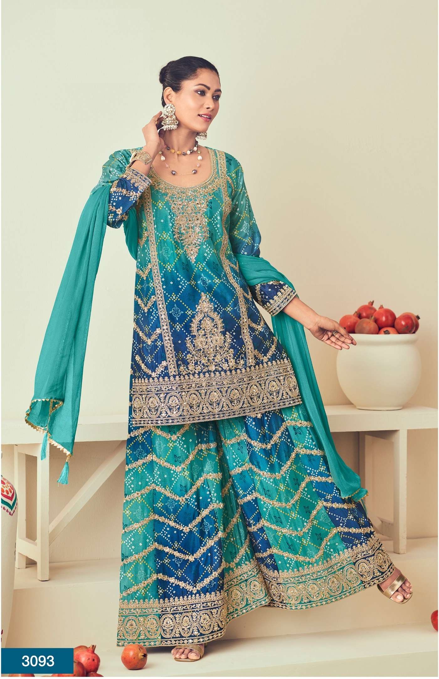 DESIGNER FANCY REAL CHINON PRINTED BLUE SHARARA PALAZZO SALWAR SUIT NVN RADHA RAJMAHAL 3093