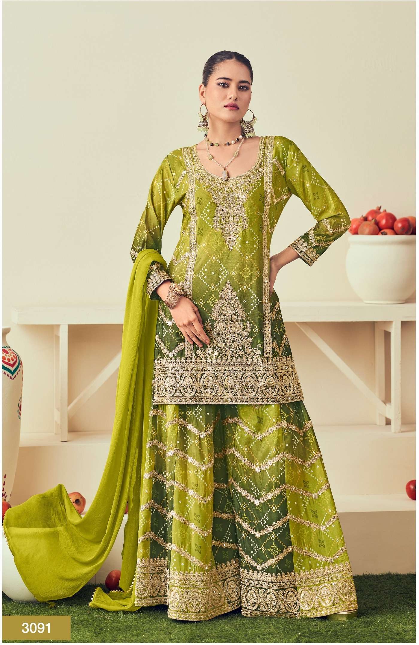 DESIGNER FANCY REAL CHINON PRINTED GREEN SHARARA PALAZZO SALWAR SUIT NVN RADHA RAJMAHAL 3091