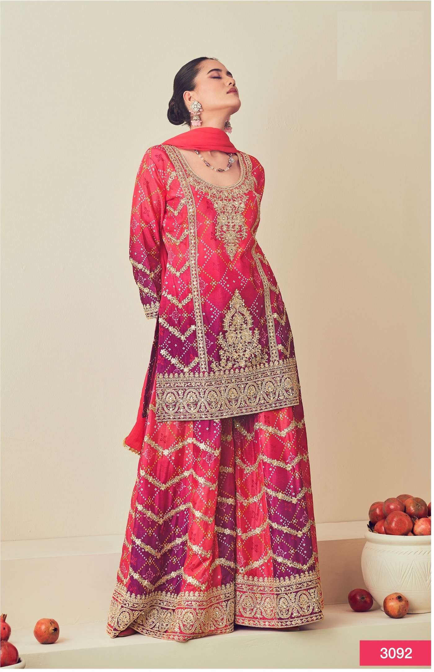 DESIGNER FANCY REAL CHINON PRINTED RED SHARARA PALAZZO SALWAR SUIT NVN RADHA RAJMAHAL 3092