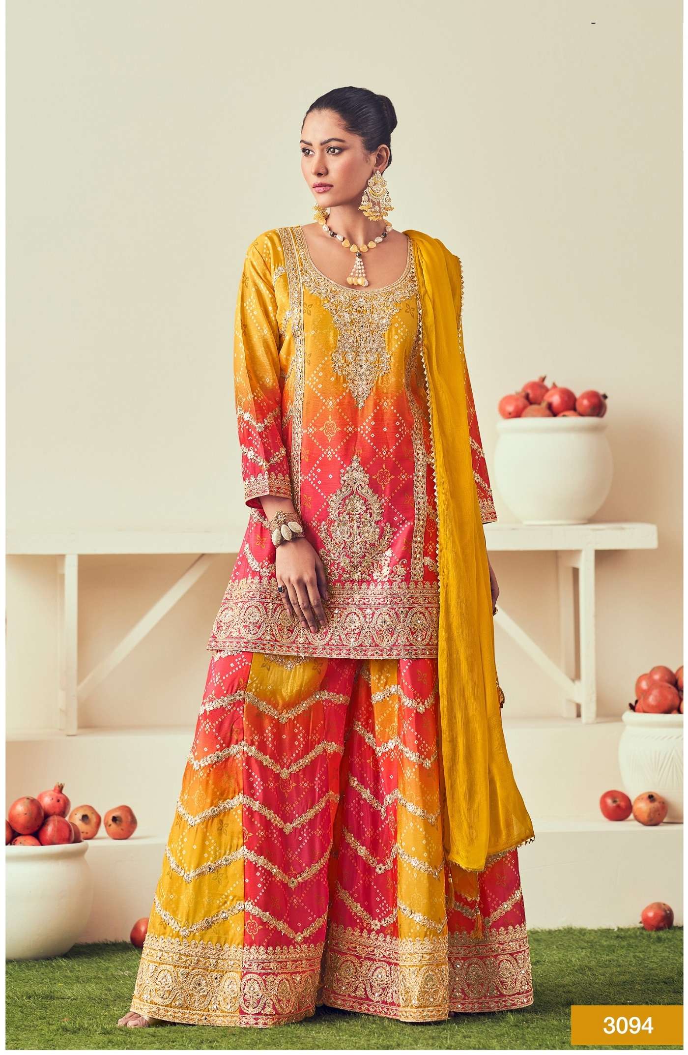 DESIGNER FANCY REAL CHINON PRINTED YELLOW RED SHARARA PALAZZO SALWAR SUIT NVN RADHA RAJMAHAL 3094