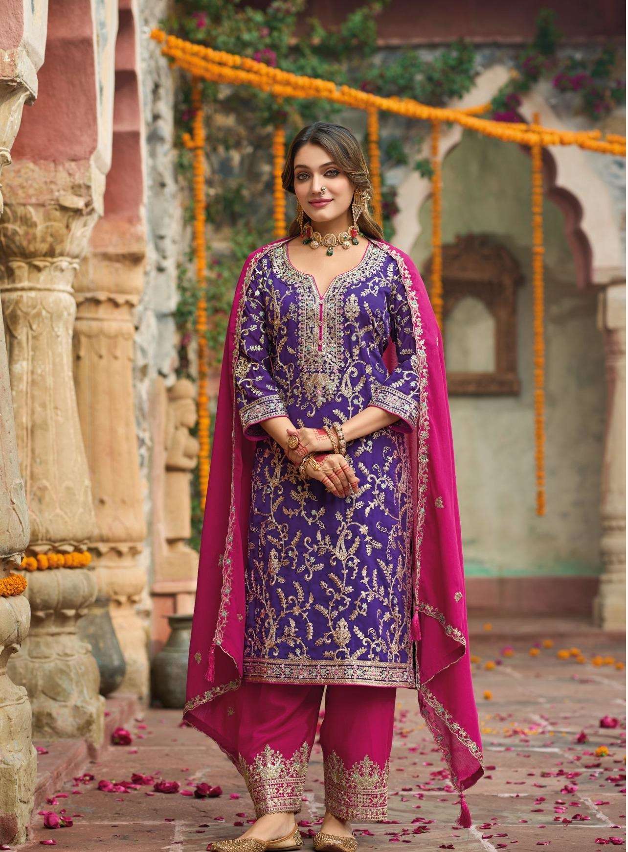 DESIGNER FANCY REAL CHINON PURPLE RANI SHARARA PALAZZO SALWAR SUIT NEW COLLECTION DST EB SANGIT 1789