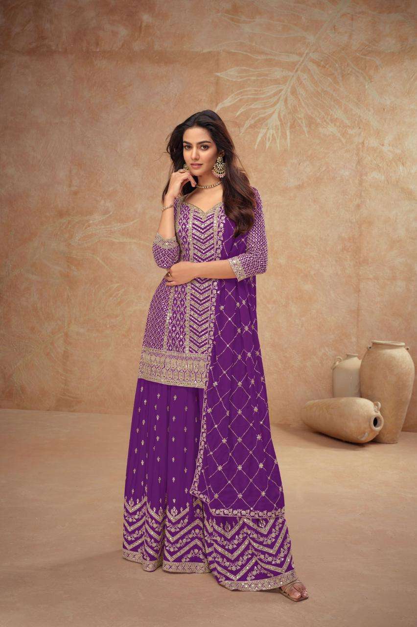 DESIGNER FANCY REAL CHINON PURPLE SHARARA PALAZZO SALWAR SUIT NEW COLLECTION GL PALAK 7518 K