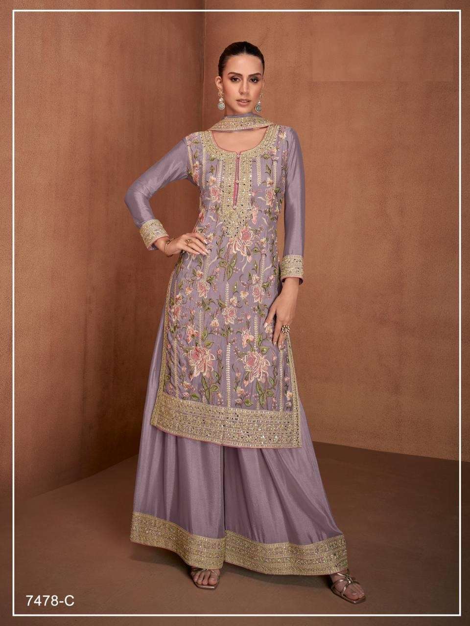 DESIGNER FANCY REAL CHINON PURPLE SHARARA PALAZZO SALWAR SUIT NEW COLLECTION JG 7478 C