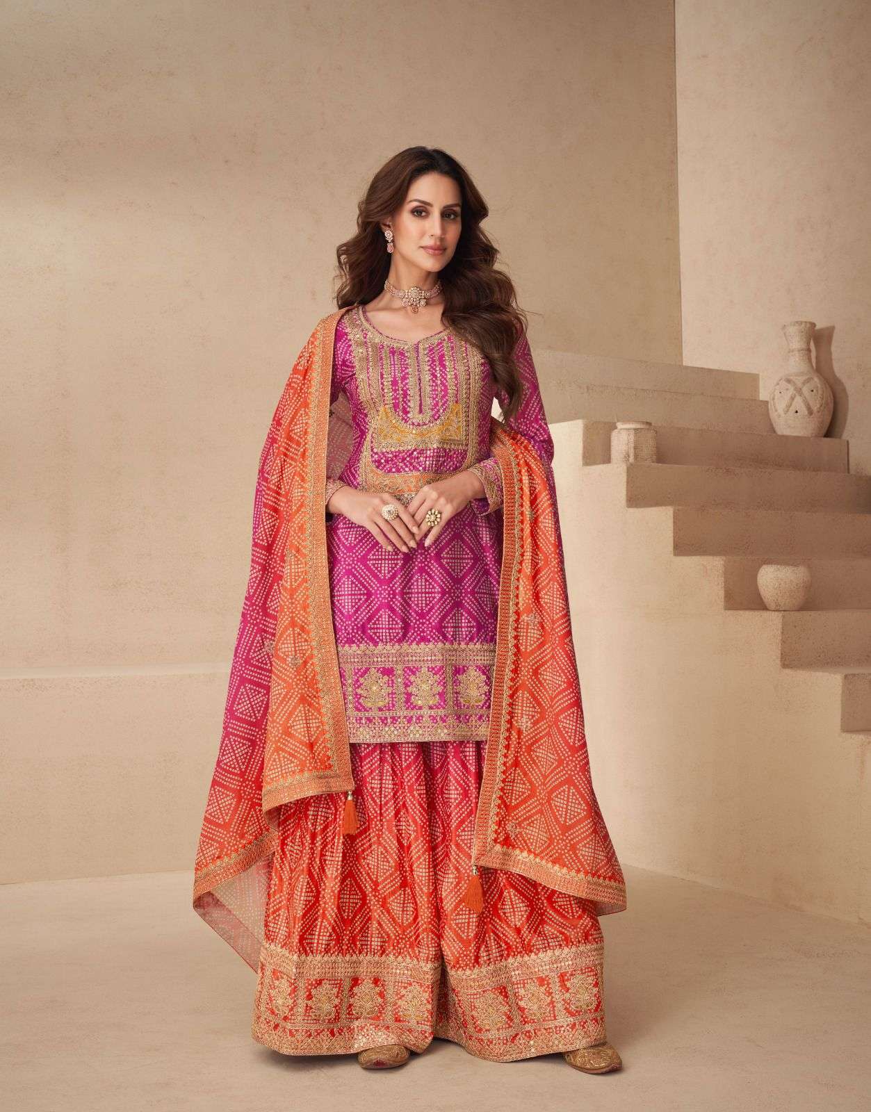 DESIGNER FANCY REAL CHINON RANI ORANGE SHARARA PALAZZO SALWAR SUIT NEW COLLECTION AF NETRA 10170