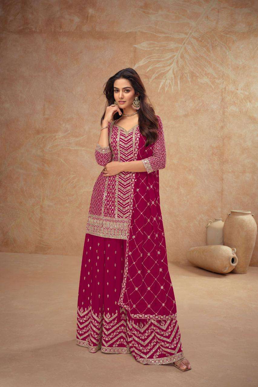 DESIGNER FANCY REAL CHINON RED SHARARA PALAZZO SALWAR SUIT NEW COLLECTION GL PALAK 7518 N