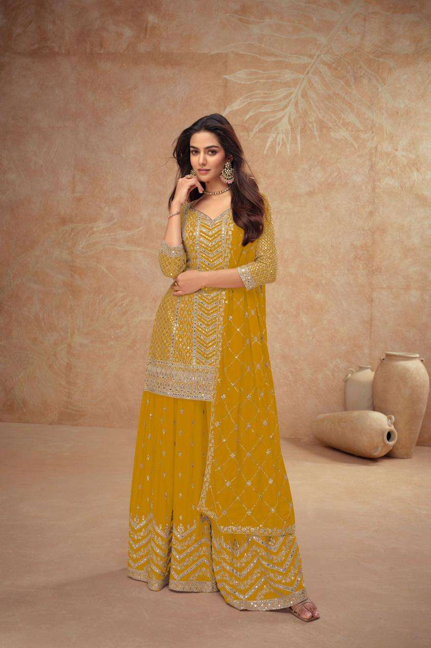 DESIGNER FANCY REAL CHINON YELLOW SHARARA PALAZZO SALWAR SUIT NEW COLLECTION GL PALAK 7518 J