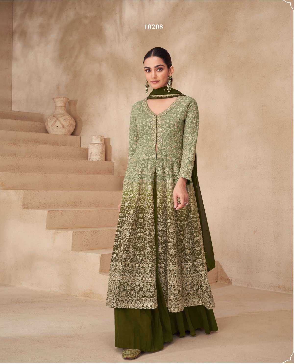 DESIGNER FANCY REAL GEORGETTE GREEEN SHARARA PALAZZO SALWAR SUIT NEW COLLECTION AF GULNAAZ 10208